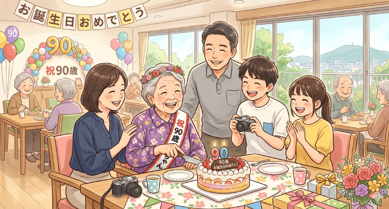 90�΂̒a�����A�Ƒ��Ɉ͂܂�Ί�ŃP�[�L���J�b�g���邨�΂������B���������j���̏u�� ����