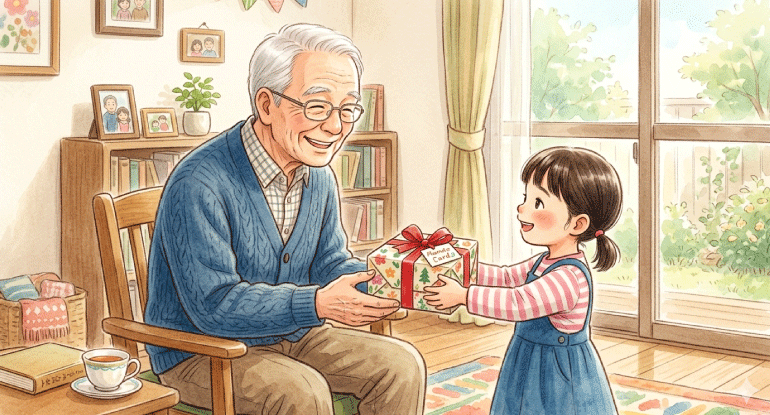 ��������uHappy Father's Day�v�̃v���[���g���󂯎��A�Ί疞�J�̑c���B���������j���̂ЂƂƂ� ����