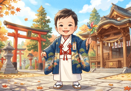 秋の気配漂う神社で、羽織袴を身にまとい風車を手にした男の子が、晴れやかに七五三の参拝をする微笑ましい姿 ■■