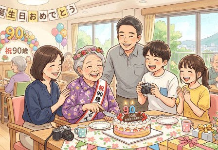 90�΂̒a�����A�Ƒ��Ɉ͂܂�Ί�ŃP�[�L���J�b�g���邨�΂������B���������j���̏u�� ����